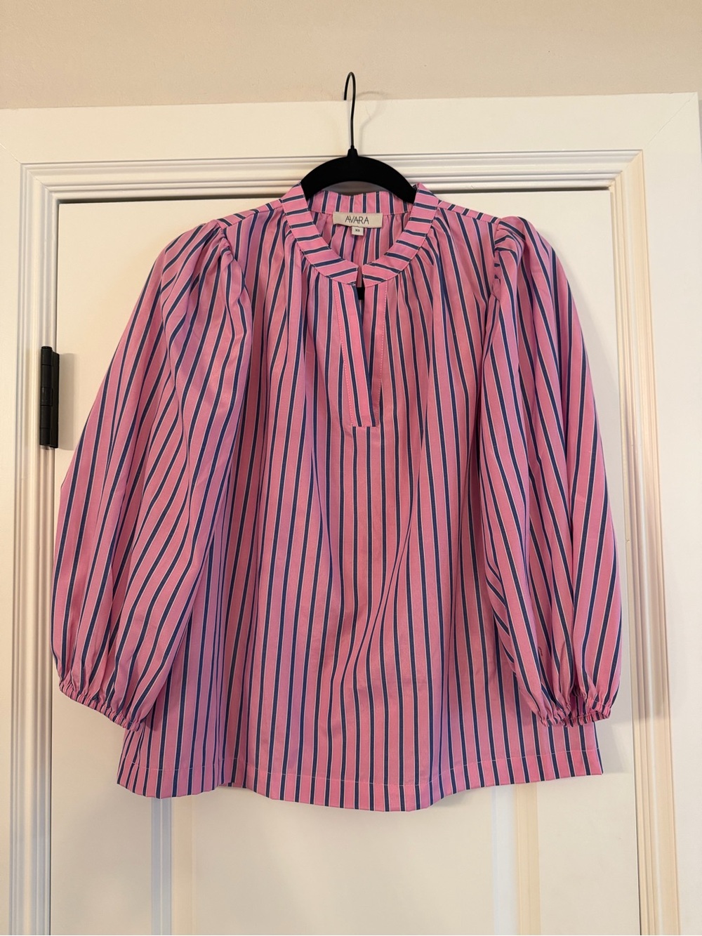 Avara Pink & Navy Striped Puff-Sleeve Blouse